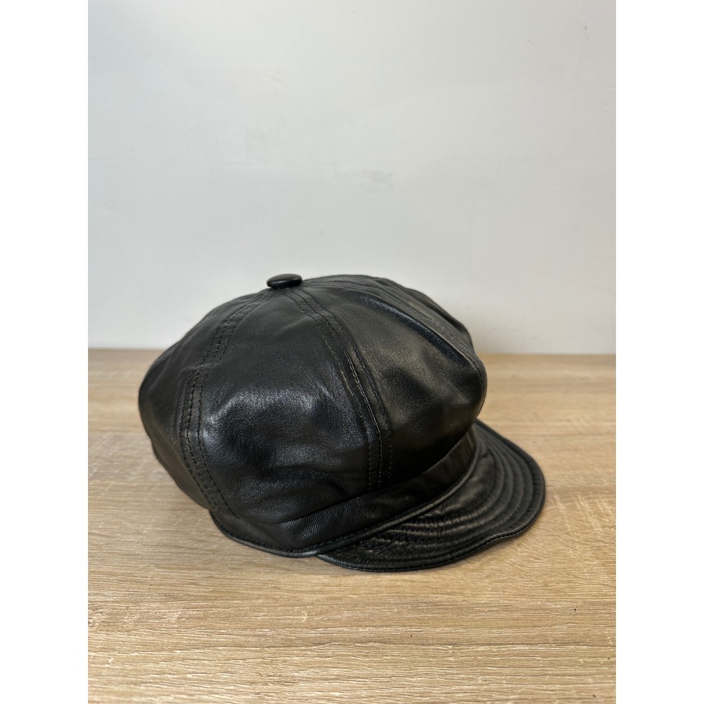New York Hat Co Black Lambskin Leather Newsboy Cap Made in USA Large Apple Jack